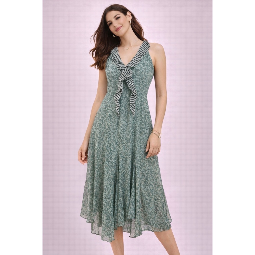 Cabi‎ Ruffled Maxi Dress Sleeveless Blue Green Paisley Summer Occasion Coquette